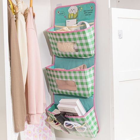 Sac de rangement grande capacité, joli sac de rangement suspendu en tissu à carreaux, sac de rangement multicouche pour chambre d'étudiant, placard ou table de chevet (vert) (1/5)
