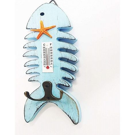 Trade Shop - TERMOMETRO ANALOGICO LEGNO DA PARETE PESCE AZZURRO DOPPIO GANCIO PER CHIAVI -