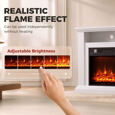 Cheminée Électrique 1800W, Effet Flamme 3D Réaliste, Design Bois Blanc, avec Manteau et Télécommande, Chauffage Thermostat (1/5)