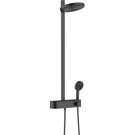 Colonne de douche avec mitigeur thermostatique, douche pluie (⌀ 260mm) avec robinet, douchette, support, flexible de douche, barre et douche de tête ronde 2 jets, Noir mat (1/5)