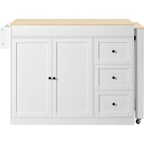 Îlot de cuisine sur roulettes, îlot de cuisine avec coin repas extensible, porte-épices et tiroirs, îlot de cuisine mobile autoportant, idéal pour la cuisine et la salle à manger (Blanc) (1/5)