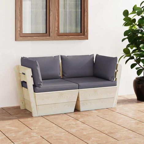 vidaXL Canapé palette à 2 places de jardin avec coussins Bois d'épicéa (1/5)