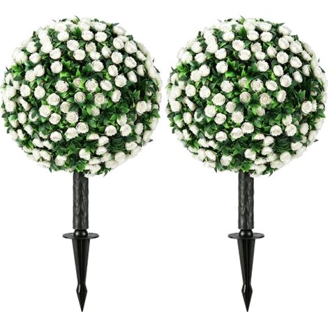 Sfere di rose artificiali, resistenti ai raggi UV, adatte per uso esterno, il set include 2 cespugli di rose, alti 55 cm, bianchi, spediti direttamente dal negozio. (1/5)