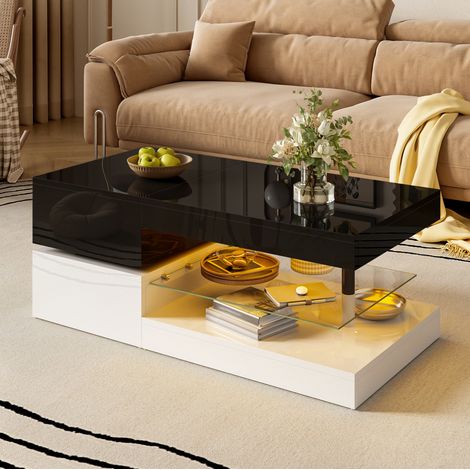Mesa de centro 90x45x35.5 cm negra y blanca en tablero de partículas con LED, vidrio templado y acabado brillo (1/5)