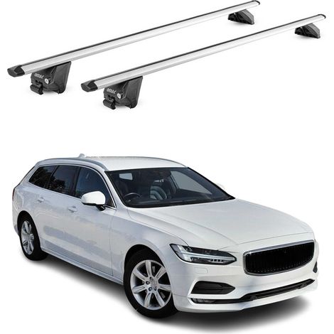 OMAC Barres de toit aluminium certifiées TÜV pour Volvo V90 / V90 Cross Country 2016-2025 – Pour rails de toit intégrés – Rainure en T – Charge max 100 kg – 2 antivols Argent (1/5)