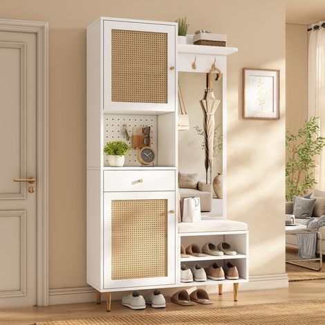 MODFU – Set de entrada 99x35x180 cm de aglomerado con banco, espejo, percheros, puertas de ratán y antivuelco – Blanco/natural (1/5)
