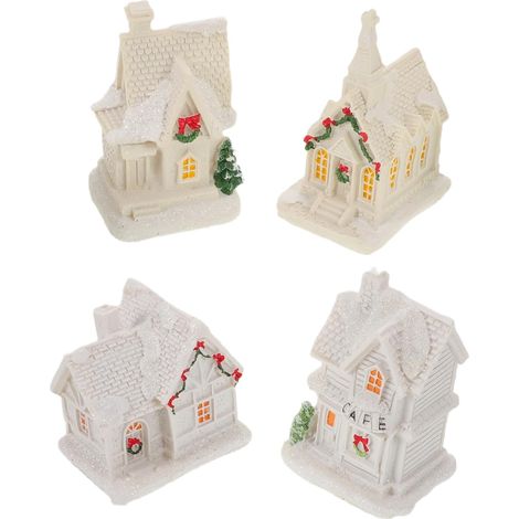 4pièces Mini Maisons de Noël Lumineuses Lot de Décorations Village d Hiver pour Table Étagère Détails Réalistes Ambiances Festives (1/5)