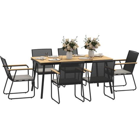 Outsunny 6 Seater Garden Dining Set with Soft Cushions, Rattan Backrest, Rectangular Plastic Top, Garden Furniture Set, Outdoor Dining Table and Chairs for Patio, Balcony, Poolside, Nature Wood Finish (1/5)