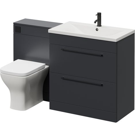 Napoli 460 Cento Gloss Grey 1400mm 2 Drawer Vanity Unit Toilet Suite with Glide Basin - 1400mm - Matt Black 480mm HandleWith Kingston Toilet Pan and Seat