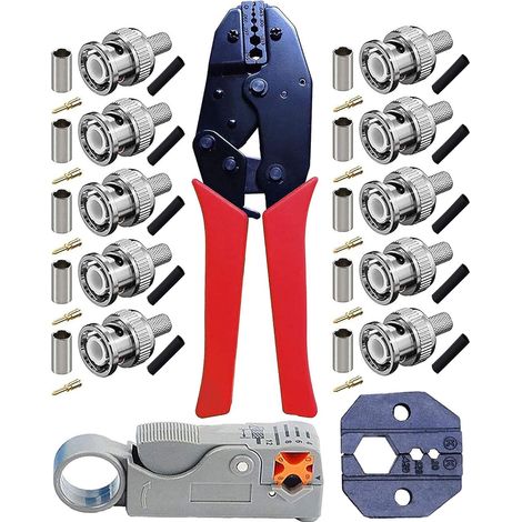 Crimp Tool Set, pince à sertir à cliquet et dénudeur de cble coaxial rotatif avec 10 pcs connecteurs à sertir pour RG58 (1/5)