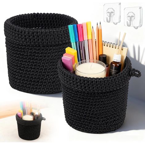 Lot de 2 paniers suspendus ronds - En corde de coton - Noir - Pour cuisine, salle de bain, chambre à coucher, salon - 13 x 14 cm (1/5)