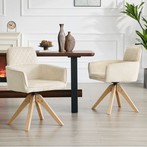 Set di 2 sedie da pranzo girevoli a 360° in tessuto crema, gambe in legno, REDOM (1/5)