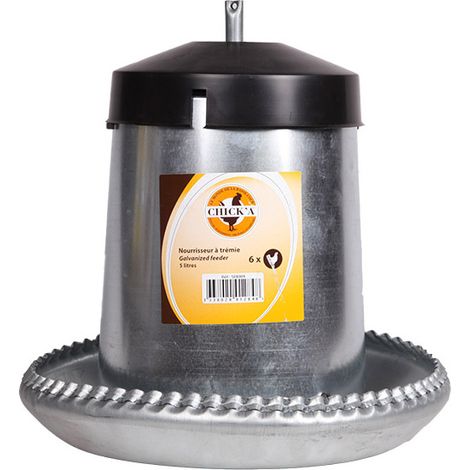 Nourrisseur à trémie émaillé 5 L – Acier galvanisé traité – Pour 6 poules – Débit ajustable avec crémaillère métallique – Chick'A