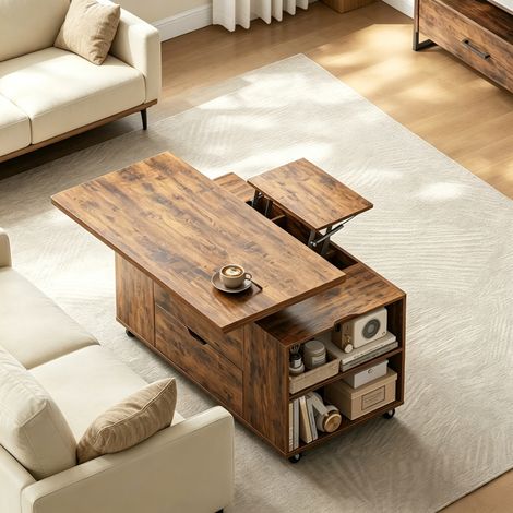 Table basse relevable 100,5x50,5x53 cm en bois et métal brun, avec rangement pour salon FloraGrace (1/5)