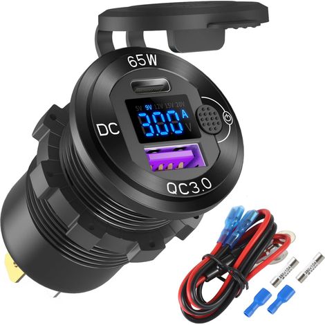 Prise USB 12V Chargeur de Voiture en Aluminium PD65W Port USB Voiture pour Ordinateurs Portables, Port USB à Charge Rapide 3.0, Prise Boost intégrée Etanche à l'eau avec voltmètre et Interrupteur (1/5)