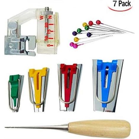 7-teiliges Einfasswerkzeugset für Strick- und Nähmaschinen, bestehend aus Einfassband, Ahle und Knäuelnadeln. (1/4)
