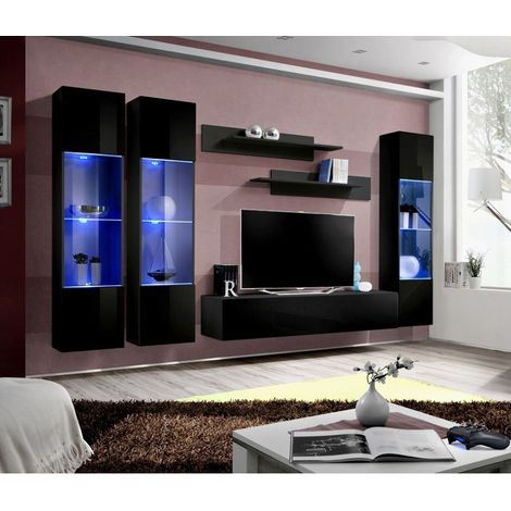 Ensemble meuble TV mural  - Fly II - 310 cm x 190 cm x 40 cm - Noir - Livraison gratuite