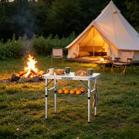 Table de plage pliante et multifonctionnelle pour extérieur, idéale pour le camping, le balcon ou la plage, avec filet de rangement intégré et hauteur réglable (1/5)