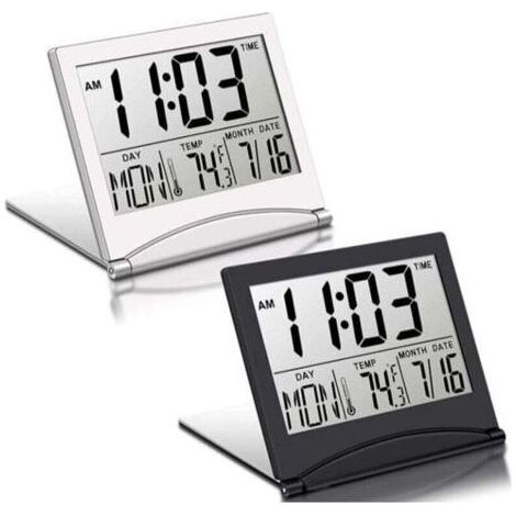 Two-piece digital travel alarm clock, foldable LCD clock with calendar, temperature display, snooze function, portable tabletop size (1/4)