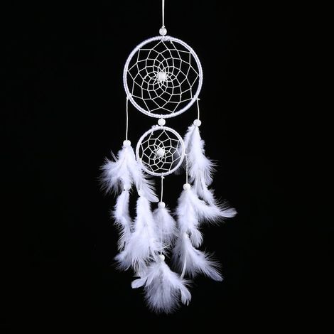 Attrape-rêves blanc avec perles et plumes, décoration murale et fenêtre style indien, carillon de vent (1/5)