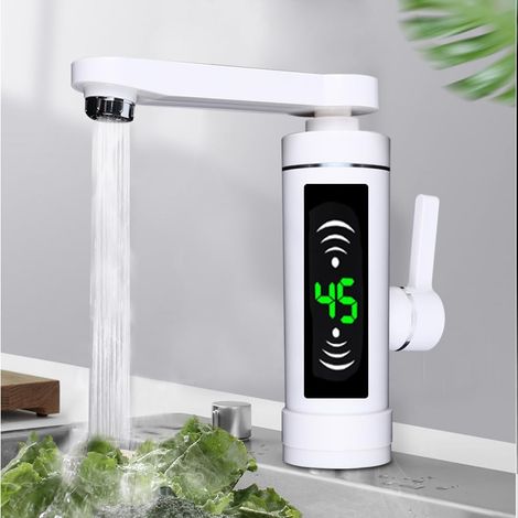 Elektrische Heizung Wasserhahn, 3000W Sofort Warm Elektrisch Warmwasserhahn,360º Drehung KüChenarmatur mit LED Digitalanzeige Temperaturanzeige, Einhand Spültischarmatur für Küche, Bad (Weiß)