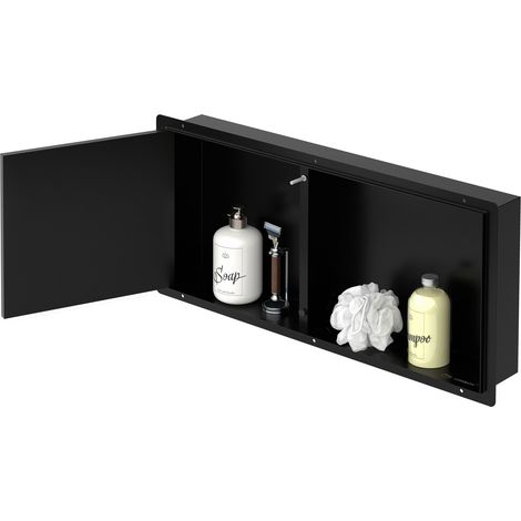 LuxeBath Wandnische Dusche Edelstahl mit befliesbarer Tür, 25,5x55,5x10 cm, Schwarz, Eingebettete Duschnische wasserdicht, Einbaunische randlos, Duschablage Duschregal Doppelregal, Badezimmer Lagerung