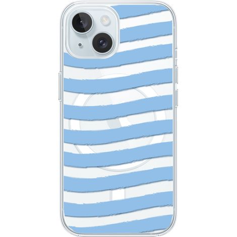Custodia per iPhone 15 Plus con MagSafe, trasparente, flessibile in silicone, strisce blu (1/5)