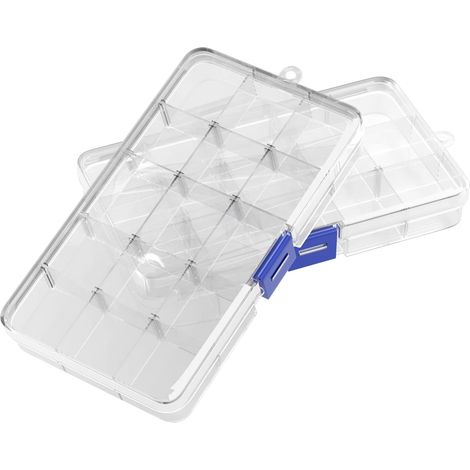 2 cajas de plástico transparente con 15 compartimentos ajustables, para tornillos, cuentas o suministros. (1/5)