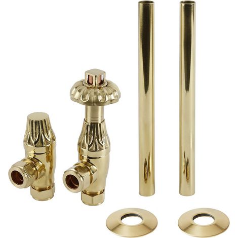 Milano Windsor Angled Radiator Heated Towel Rail Thermostatic Lockshield Valve and Pipe Connector Kit - Polished Brass (1/4)