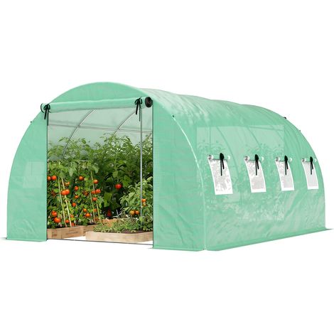 Serre de jardin en aluminium 4x3x2m verte avec roulettes, 2 portes à fermeture éclair, 8 fenêtres filet, poteaux soutien