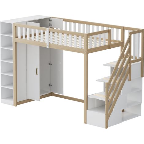 Lit mezzanine multifonctionnel 90 x 200 cm avec étagères, armoire de rangement et grande penderie, échelle de sécurité avec compartiments de rangement, blanc + couleur bois brut, l'ancienne SKU est LD (1/5)