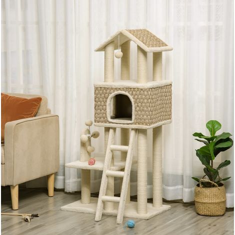 Árbol para gatos 69x40x131 cm, con cueva para dormir, postes de sisal, tablero de partículas, khaki (1/5)