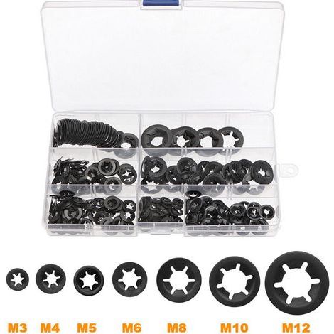 340 Pcs Rondelles Starlock, Rondelles de Blocage, Rondelles À Verrouillage, Vitesse Pousser Des Clips De Vitesse Fixations Rondelles - M3/M4/M5/M6/M8/M10/M12, Noir (1/5)