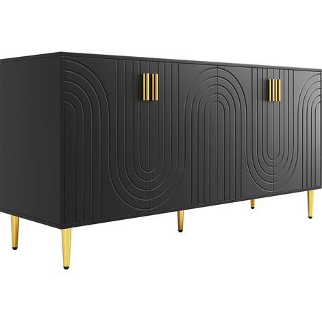 ELVMI Buffet et enfilade avec 2 Portes et 4 Compartiments, Design ondulé, pour Salle à Manger, en MDF, 152 × 40 × 75 cm, Noir (1/4)