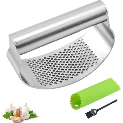 Knoblauchpresse, Knoblauchpresse aus Edelstahl mit praktischem Reinigungsbürstchen und Silikon Knoblauchschäler Set, Garlic Press (1/5)