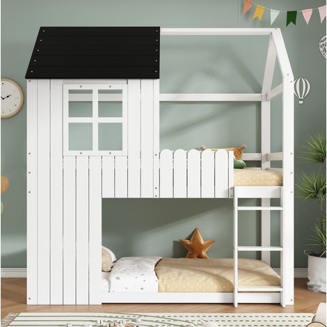 Kinder-Hochbett 90 x 200 cm mit 3-stufiger Treppe, Deko-Fenstern, Weiß und Schwarz HAVRYA (1/5)