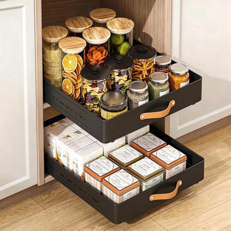 1 x Telescopic Kitchen Drawer with Sliding Drawers for Kitchen Adjustable Depth Drawer (41-60cm), W25cm x H7.8cm, Metal Sliding Organizer for Kitchen/Bathroom, No Drilling (1/5)