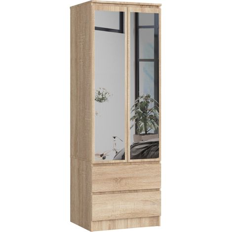 Akord – Armoire 2 portes avec miroir Chêne Sonoma 60 cm – 2 tiroirs – 1 étagère – Dimensions 60x51x180 cm – Panneau stratifié durable (1/5)