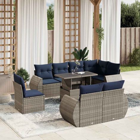 9-teiliges Gartensofa-Set mit Kissen, grau, Polyrattan (1/5)