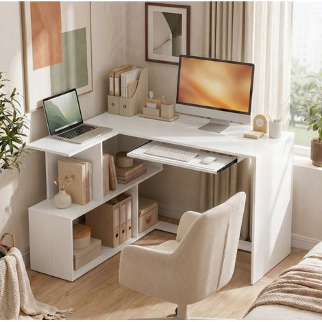 Eckschreibtisch mit Tastaturablage und offenen Regalen, 120 x 100 x 76 cm, weiß, OKMYHOME (1/5)