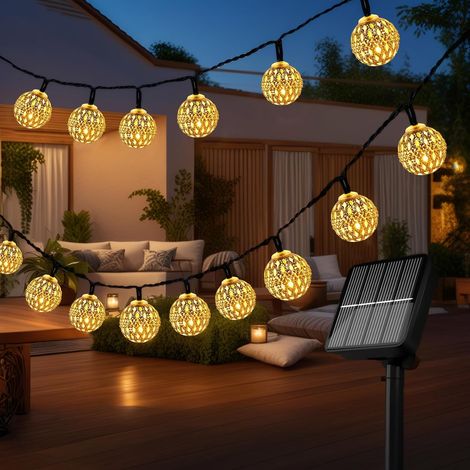 Guirnalda de luces LED solares marroquíes de 7 m para exteriores, 8 modos, resistente al agua IP65, ideal para jardín, patio, bodas, fiestas y uso en exteriores (blanco cálido). (1/5)