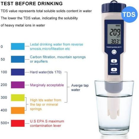 Testeur Qualité Eau - PH TDS EC Salinité Température - Portable Stylo Numérique IP67 - 183 mm - 90 g (1/4)