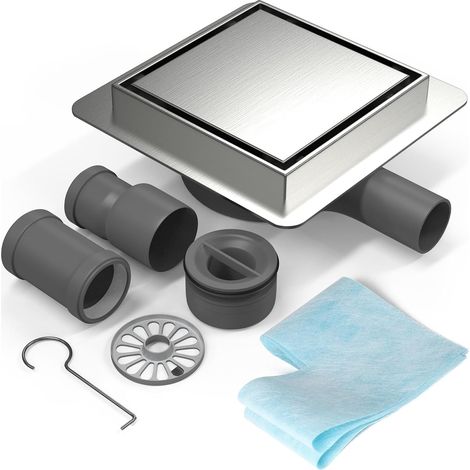 20x20cm Caniveau de Douche Carré INOX, Siphon de Sol Douche Italienne à Carreler avec Raccord DN50/DN40 Bonde Douche Extra Plate Siphon à 360° avec Anti-Odeurs et Filtre à Cheveux (1/5)