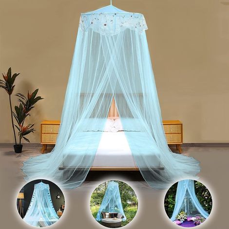 Rideaux de lit style princesse, adaptés aux lits simples à king size, avec dentelle ronde et installation rapide et facile (bleu). (1/5)