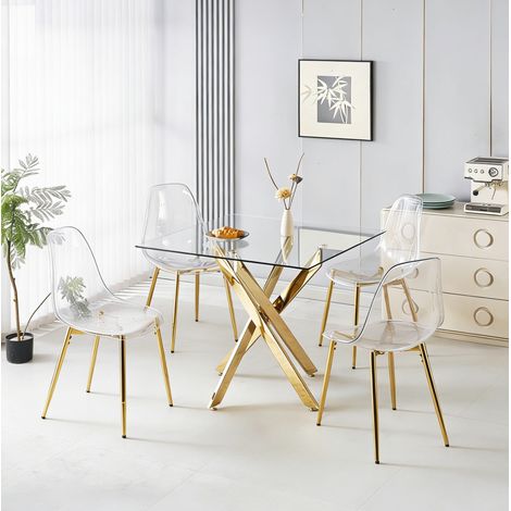Esszimmer-Set 1 Tisch + 4 Stühle, 80 x 80 x 75 cm, Metall und Glas HAVRYA (1/5)