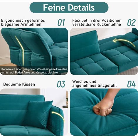 Canapé Convertible 2-en-1 Réglable – 2 Places en Velours, Accoudoirs Pliables & Fonction Nuit, Idéal pour Petits Espaces (1/4)
