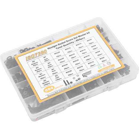 884-teiliges Set mit Innensechskantschrauben aus Kohlenstoffstahl mit gewölbtem Kopf, verschiedenen Muttern, Unterlegscheiben, Schraubenschlüsseln und komplettem Koffer (1/5)