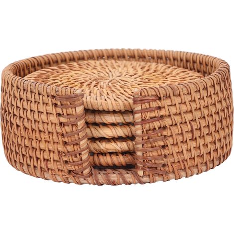 5 handgewebte Rattan-Untersetzer, 10 cm, elegantes Aussehen, multifunktional, Geschirr, Teller, Tasse, wärmend, isolierend, Kissen für Wohnzimmer, Esszimmer, Küche. (1/5)