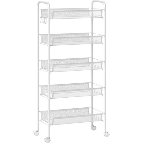 Chariot de cuisine 5 étages avec paniers grillagés en acier, blanc, 45x26,5x106 cm, gain de place (1/5)