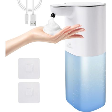Distributeur de savon automatique mural, 400 ml, distributeur de savon mousse électrique avec capteur, sans perçage, 4 niveaux, distributeur de mousse de savon réglable, IPX5 (blanc)